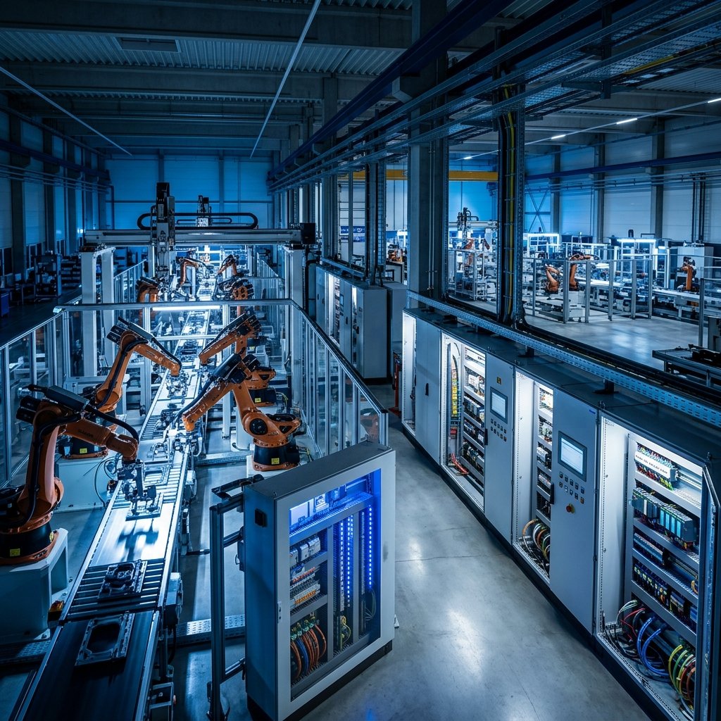 Instalación industrial moderna con robots y automatización